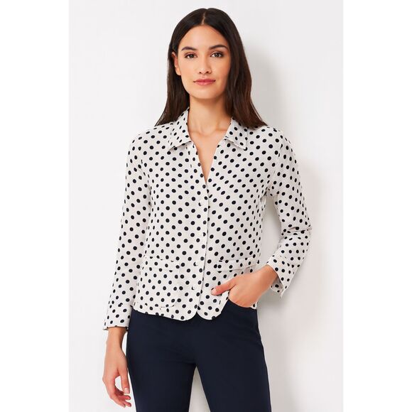 Talbots Petites Shacket 6P White Black Polka Dots 100% Linen Business Casual - Picture 1 of 7